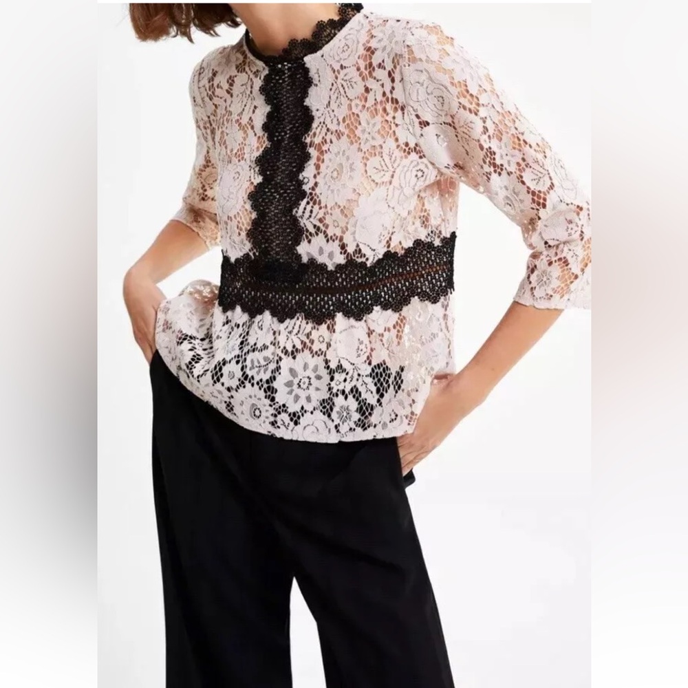 ZARA NEW WOMAN SS19 BEIGE-PINK CONTRAST LACE TOP REF:2157/035 XS